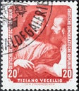 a postage stamp from Germany, GDR showing the painting Ã¢â¬ÅDer ZinsgroschenÃ¢â¬Â by Titian. Paintings from th